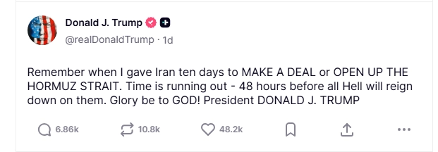A screenshot of Donald Trump message to Iran government posted on Truth Social