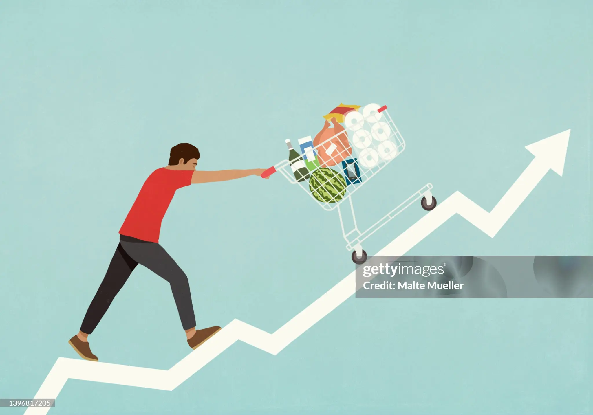 Man pushing shopping cart of groceries up line chart arrow -